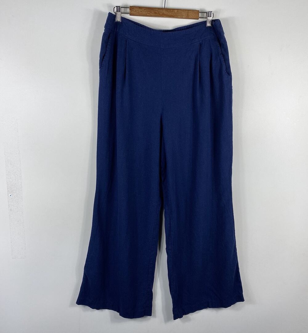 Versona Pants XL Navy Blue Linen Blend Pull On Wide Leg Pockets Casual